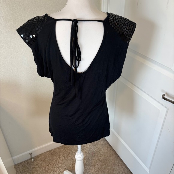 Walter Black Sequin Shoulder Mixed Media Tie Back Top Medium - Picture 4 of 6